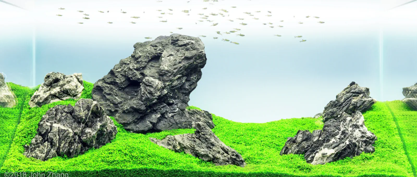 Aquascape showing a classic three-stone Sanzon Iwagumi layout: a large Oyaishi flanked by smaller supporting stones on a low green carpet, with a school of small fish above