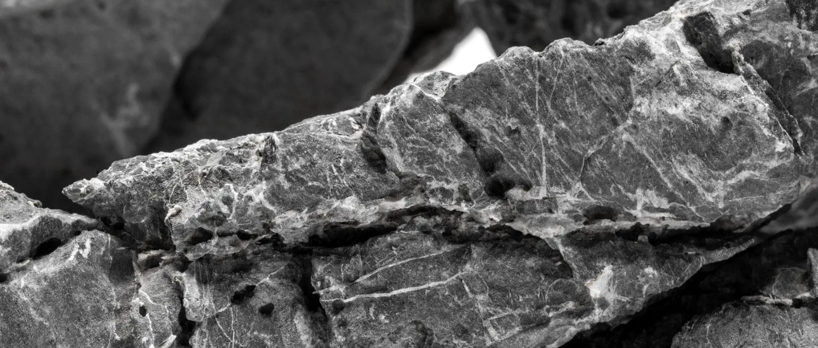 Jagged blue-grey Seiryu stones with sharp peaks and white calcite veining